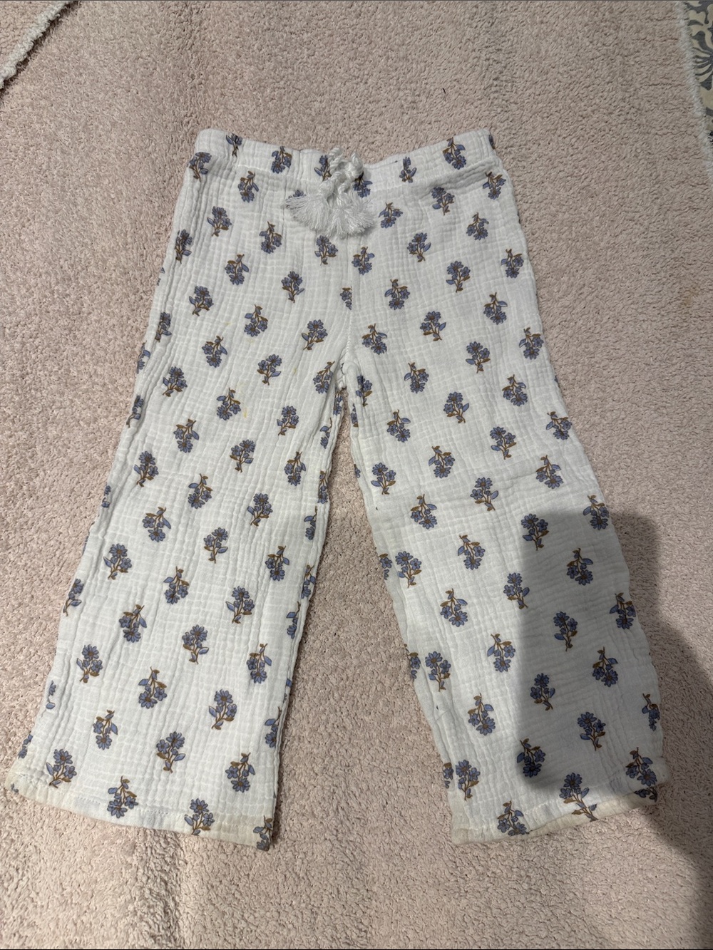 Kids White Gauze Lounge Pants with Blue Floral Print